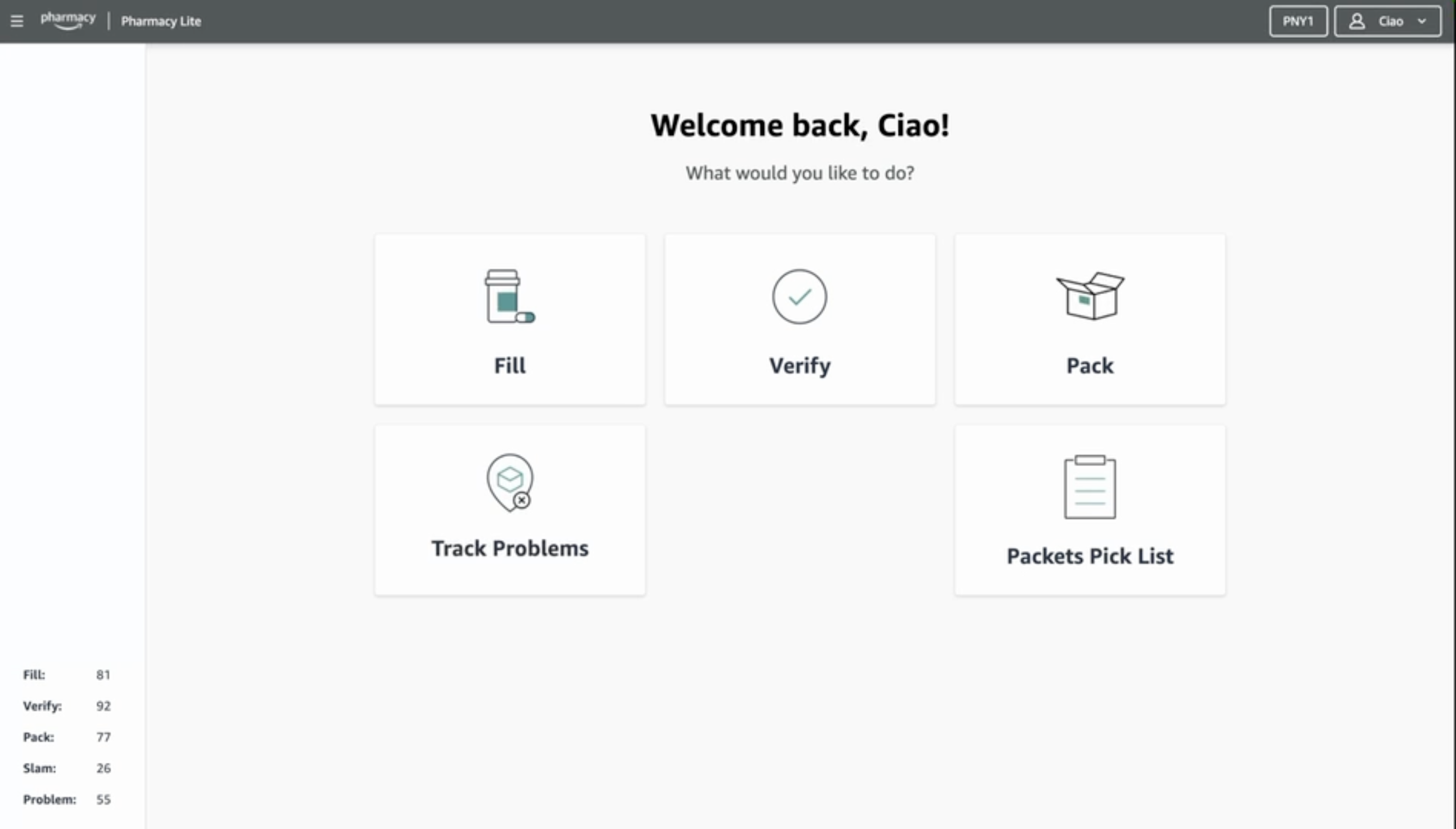 Pharmacy workflow platform home screen showing fill, verify, and pack task entry points, using demonstration data